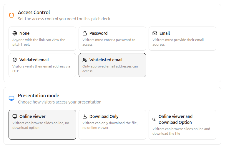 Pitch deck sharing interface