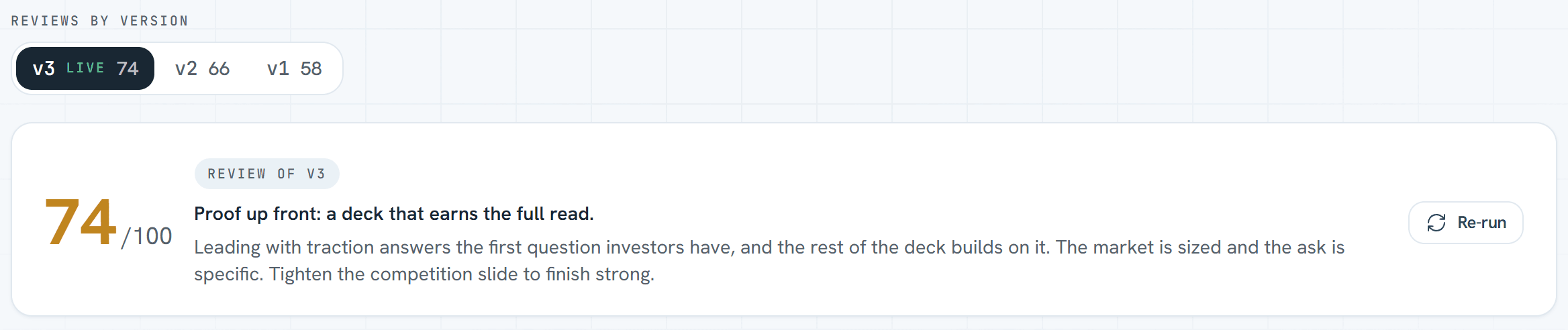 AI pitch deck review by version: scores of 58, 66 and 74 across three versions of a deck